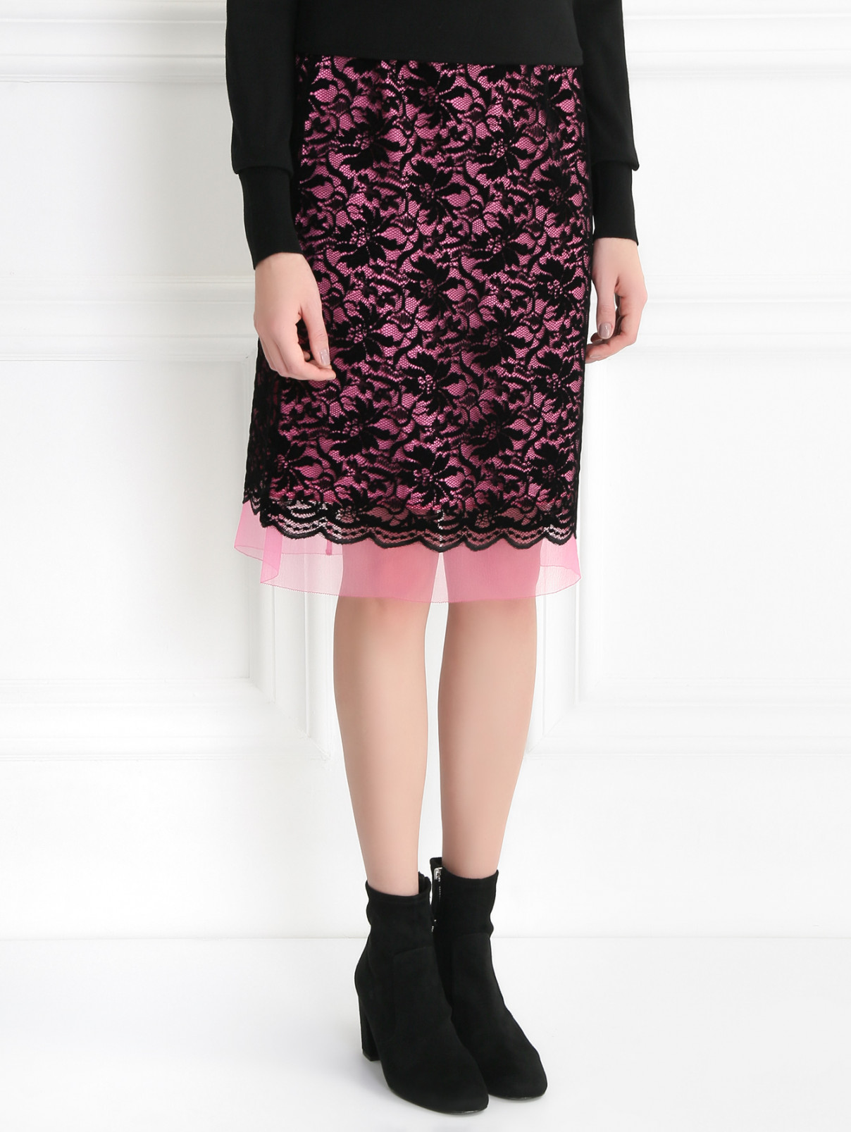 Кружевная юбка-трапеция с контрастной отделкой Marc Jacobs  –  МодельВерхНиз  – Цвет:  Черный