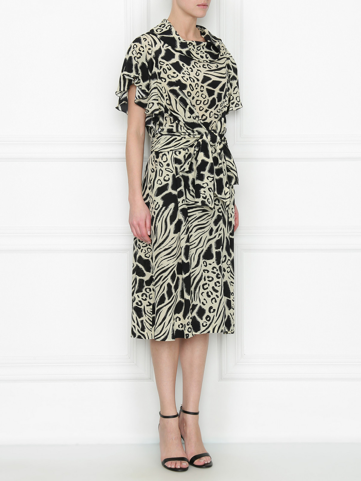 Платье из шелка с принтом и драпировкой Alberta Ferretti  –  МодельВерхНиз  – Цвет:  Черный