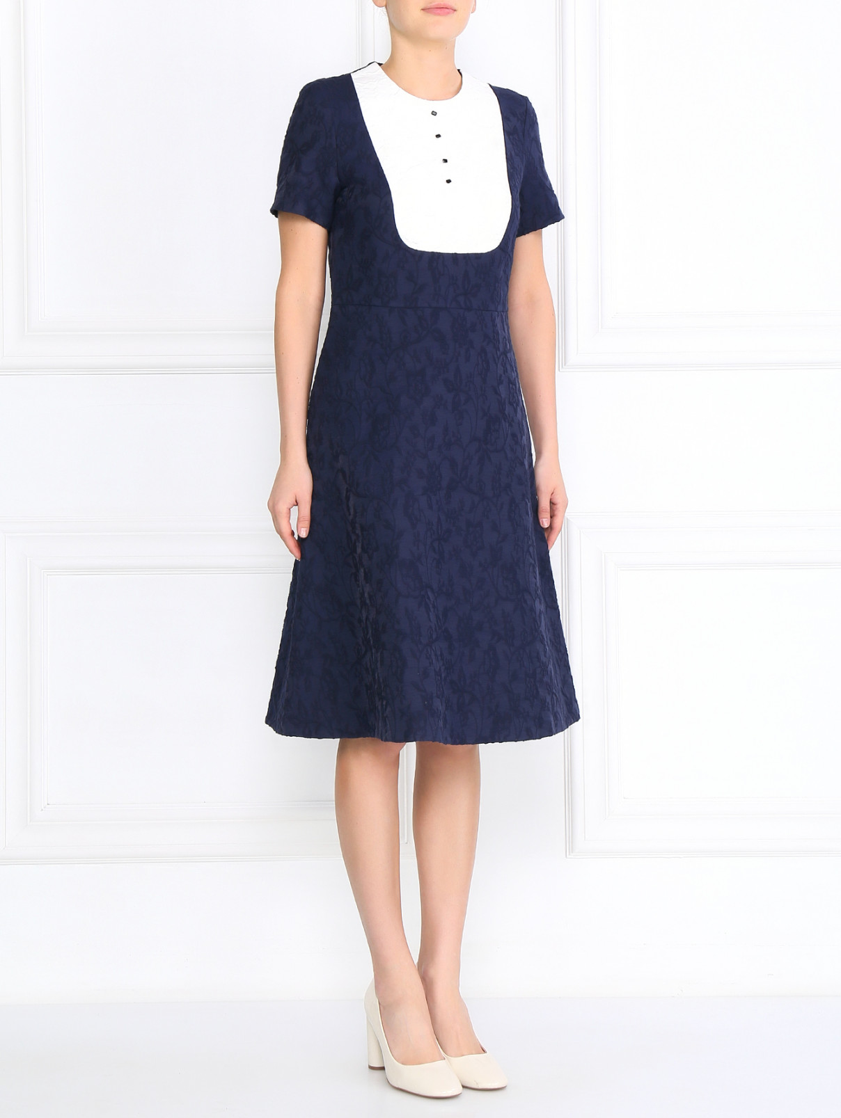 Платье из хлопка с короткими рукавами и контрастной встакой Vilshenko  –  Модель Общий вид  – Цвет:  Синий