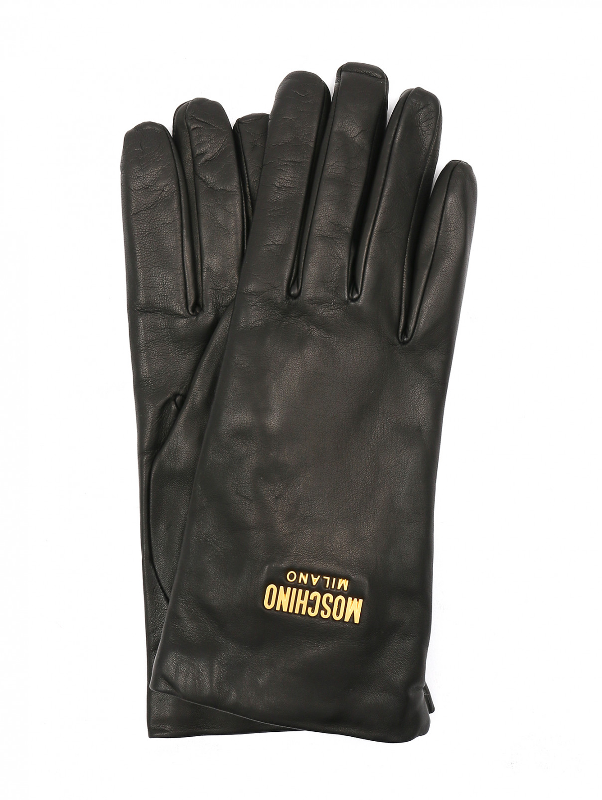 Перчатки из гладкой кожи с логотипом Moschino  –  Общий вид  – Цвет:  Черный