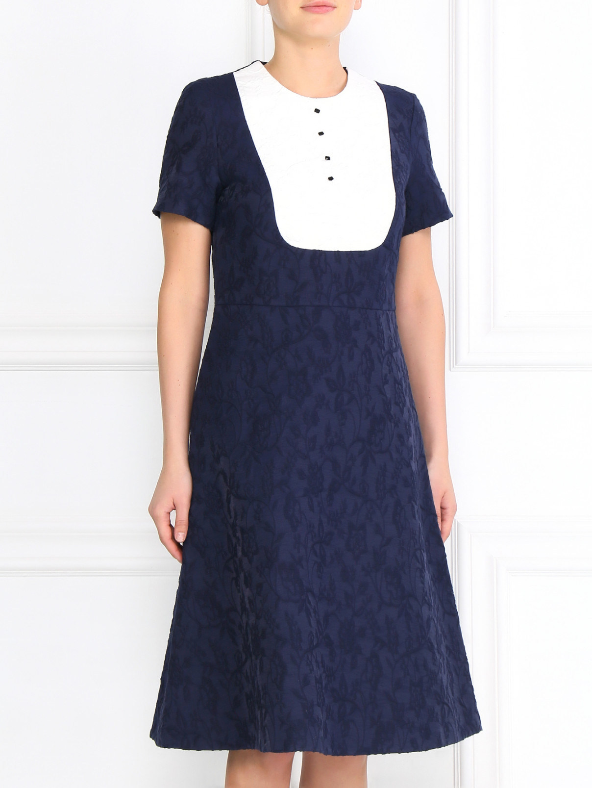 Платье из хлопка с короткими рукавами и контрастной встакой Vilshenko  –  Модель Верх-Низ  – Цвет:  Синий