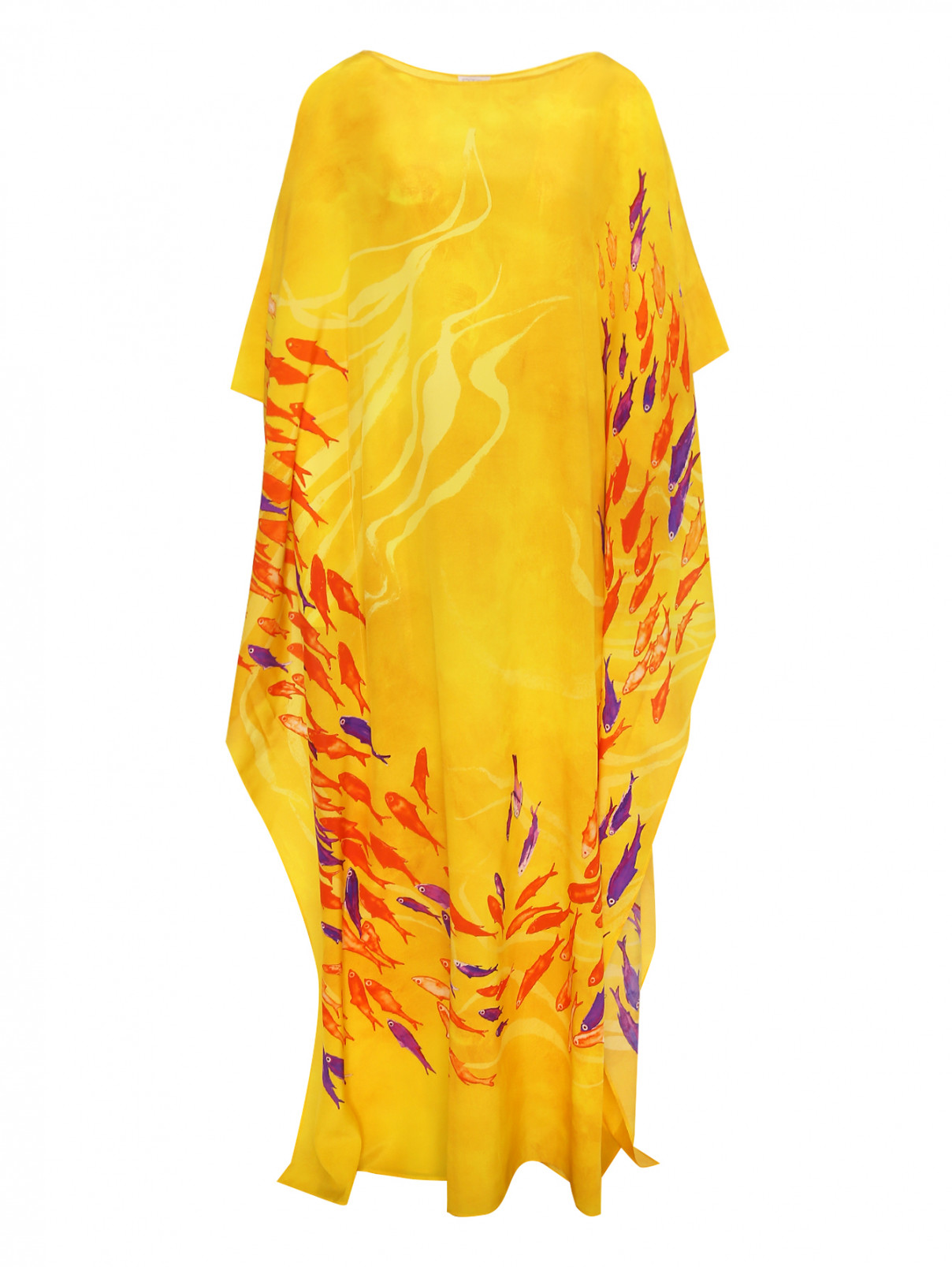 Шелковое платье-макси свободного кроя с принтом Stella Jean  –  Общий вид  – Цвет:  Желтый